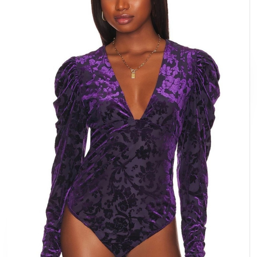 Free People Purple Ruched Puff Sleeve Bodysuit